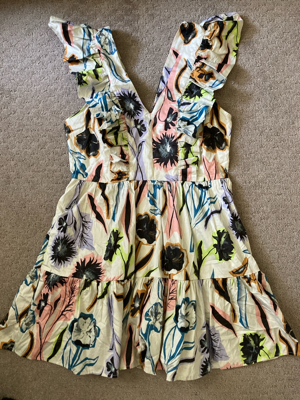 Corey Lynn Calter floral v-neck ruffle dress, Medium